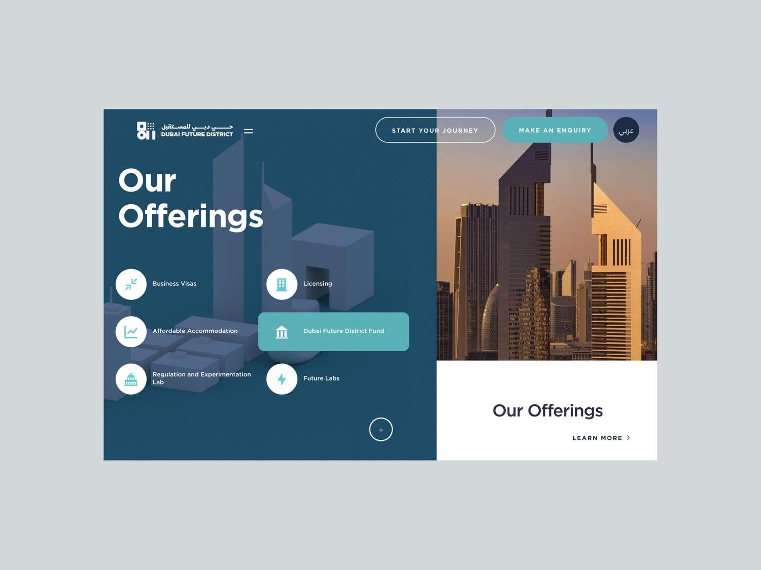 Dubai Future District — Our Offerings page with 3D buildings
